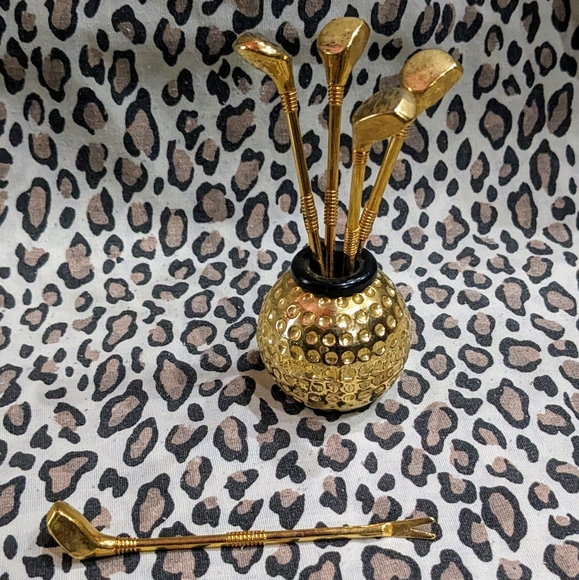 1960s Martini Pick Golf Ball Club Gold vintage cocktail bar MCM mod drink 60s - Picture 3 of 8